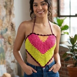 NWT Handmade Crochet Cropoed Halter Neck Cotton Colorful Top Size S /M Vacation
